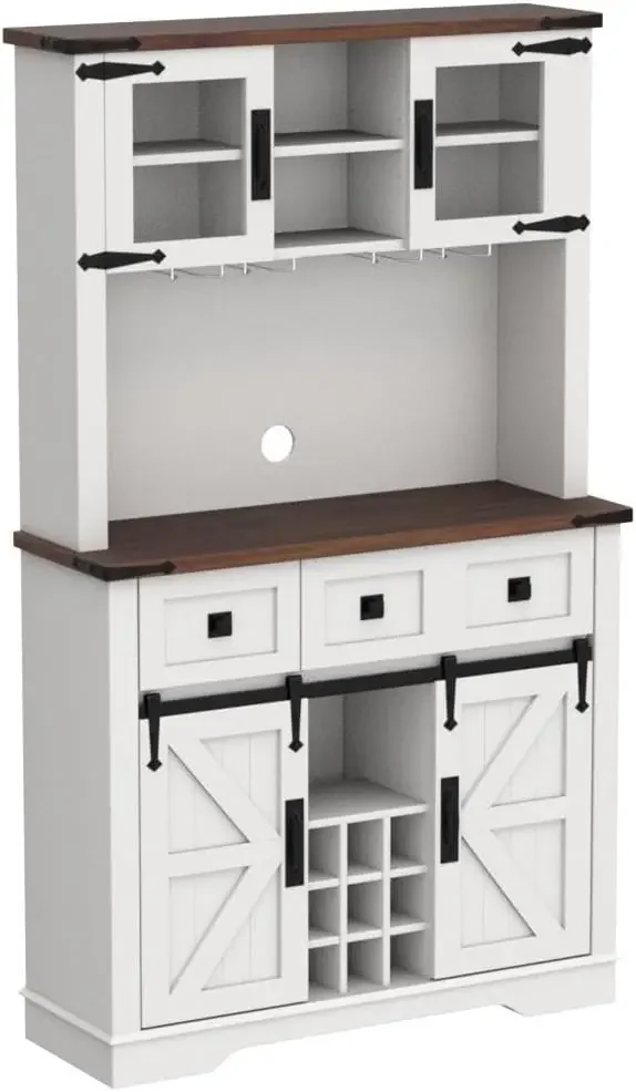 OKD-armario de Bar de granja con puerta corrediza de Granero, gran Buffet de cocina con Hutch con estante para vino y copas, 3 cajones, 72"