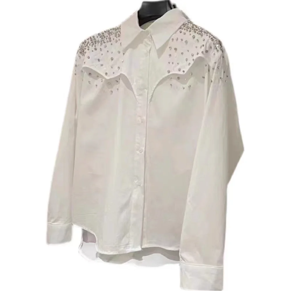 new drill bead long-sleeved shirt cotton white loose blouse women