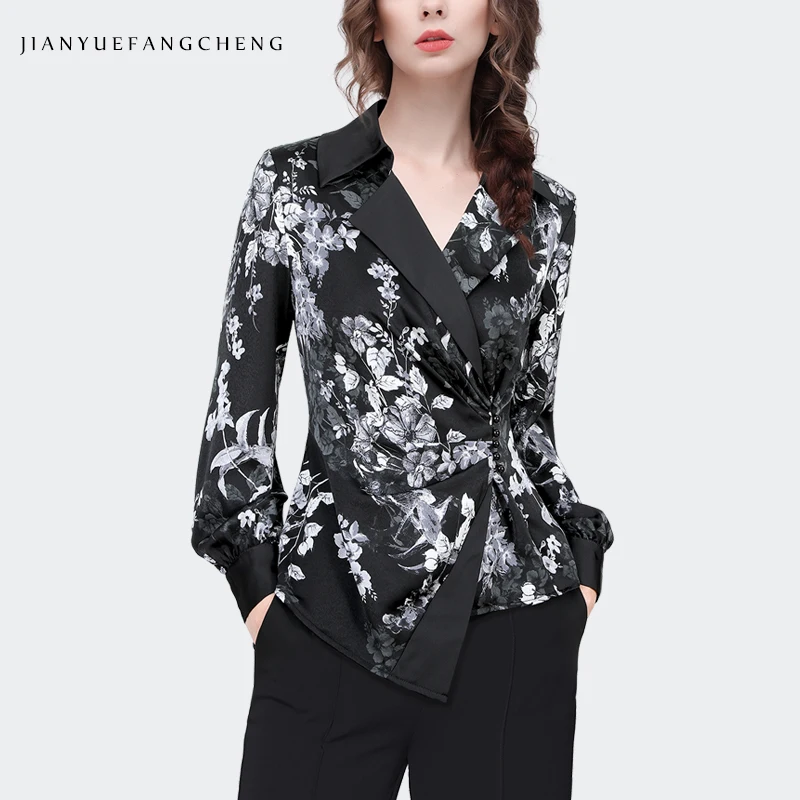 Fashion Women' Suit Collar Black Floral Blouse Satin Print Tops Long Sleeve Slim Asymmetrical Shirt Ladies Spring Summer Tops