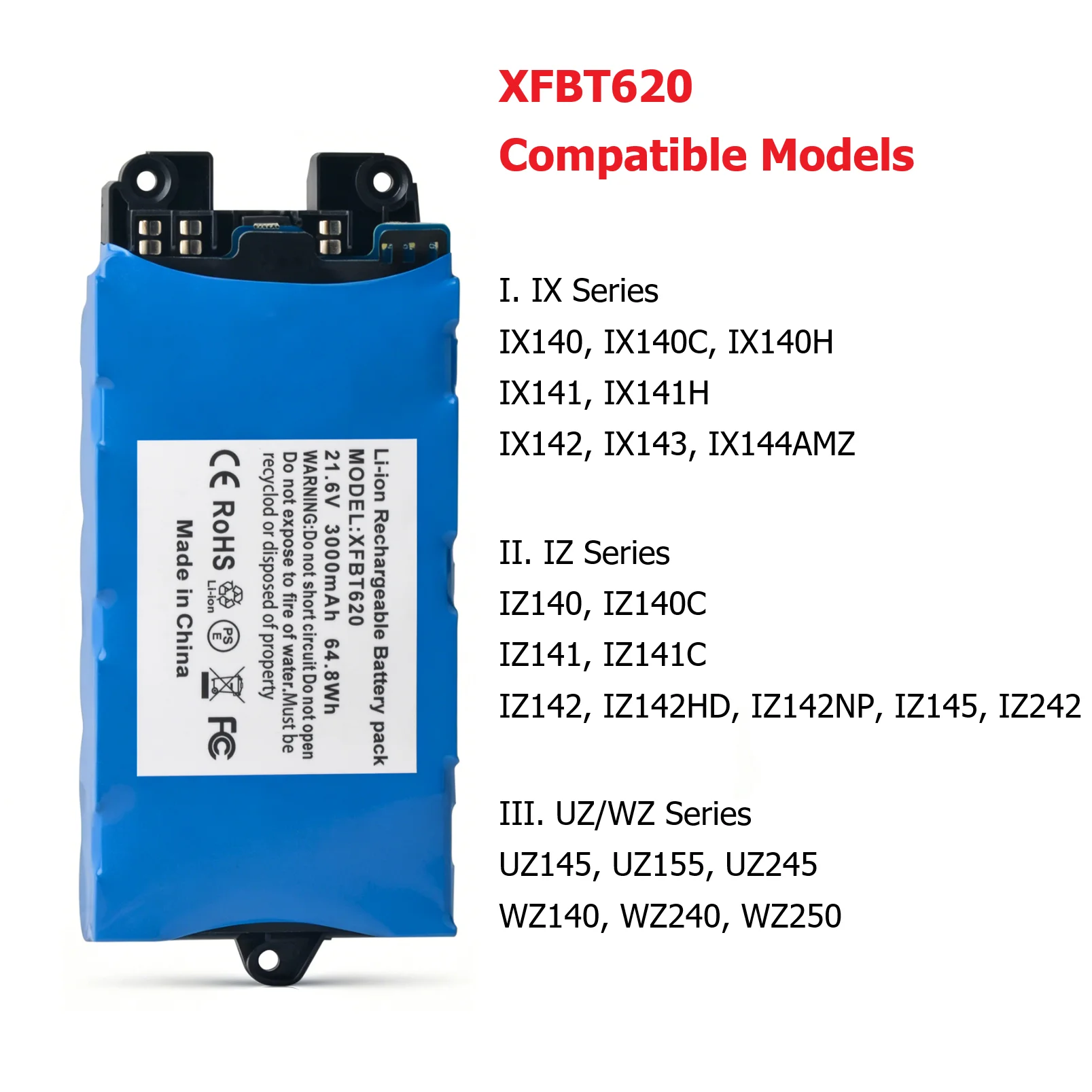 XFBT620 21.6V Rechargeable Battery 3000mAh for Shark IX140 IX141 IX142, IZ140 IZ141C IZ142, UZ145 WZ140 Cordless Vacuum Cleaner