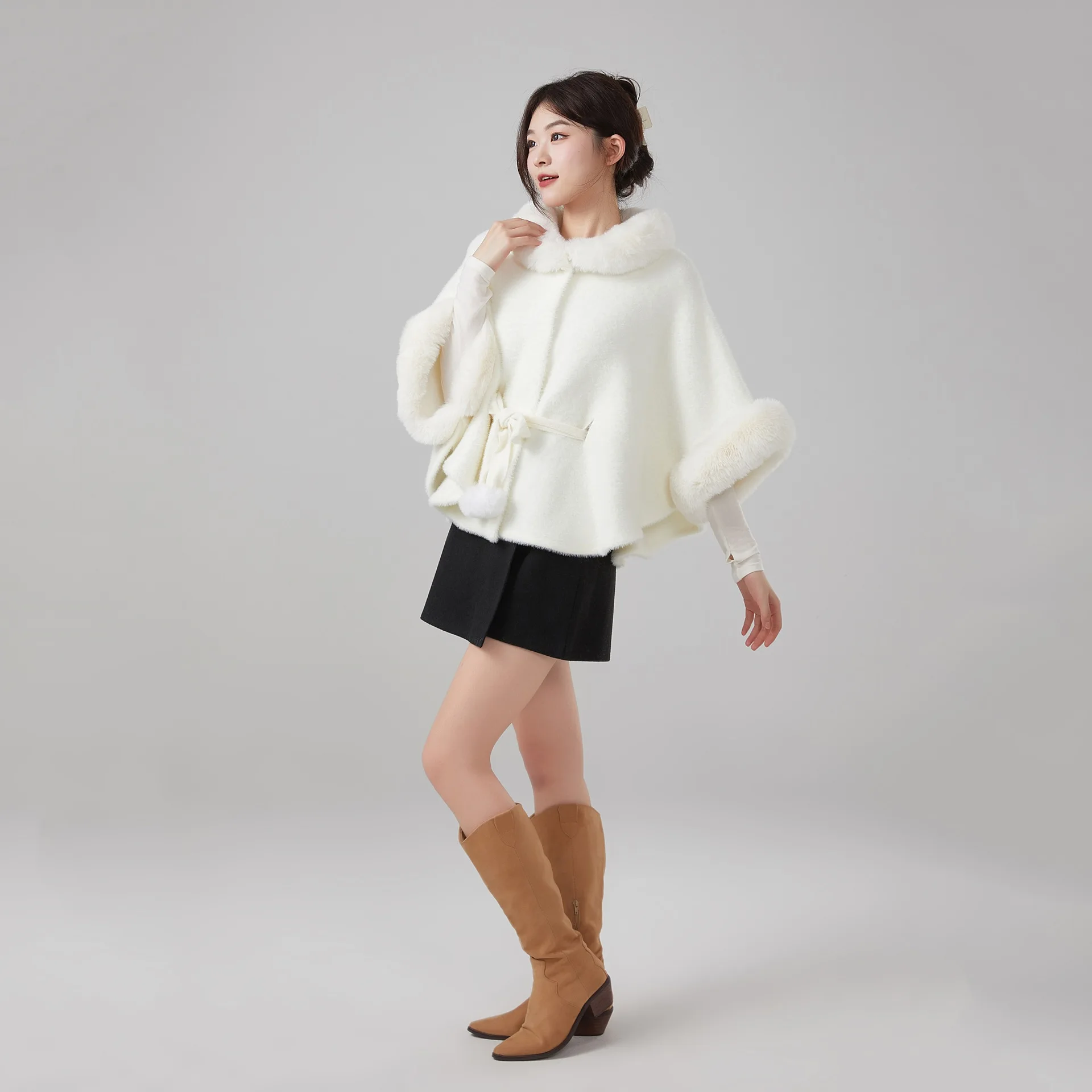 Poncho Thickened Flocking Shawl Chinese Style Flag Dress Cloak Warm Outerwear Premium Autumn Winter Fashionable Women's Woolen P