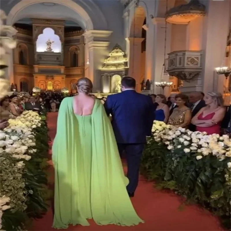 Modern Green Chiffon Mother Of The Bride Dresses With Long Cape Train Plus Size Women Evening Party Gowns Wedding Guest Dress