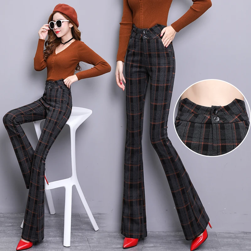 Thiened Woolen Hosen Hohe Taille Abnehmen Casual Hosen Retro Plaid Micro Ausgestelltes Hosen Winter Neue Ankunft Frauen Faion