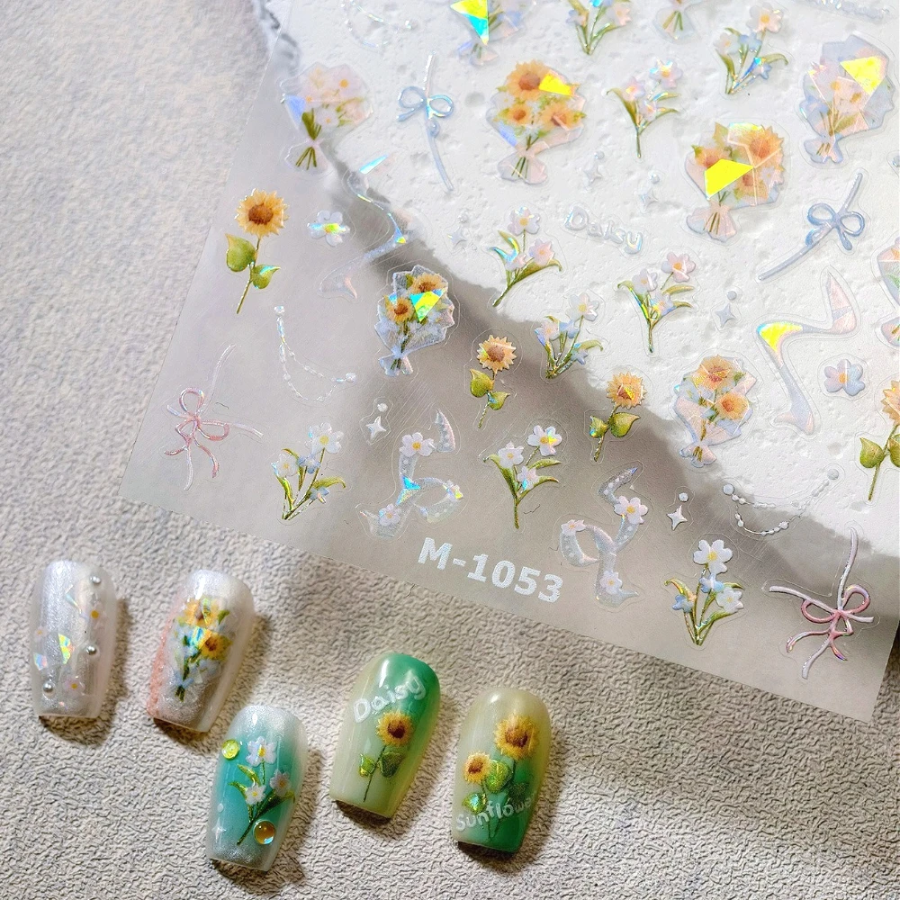 

Sunflowers Daisy Bouquet Bowknot Shiny Polarized 3D Self Adhesive Nail Art Stickers Colored Flowers Manicure Decals Wholesale