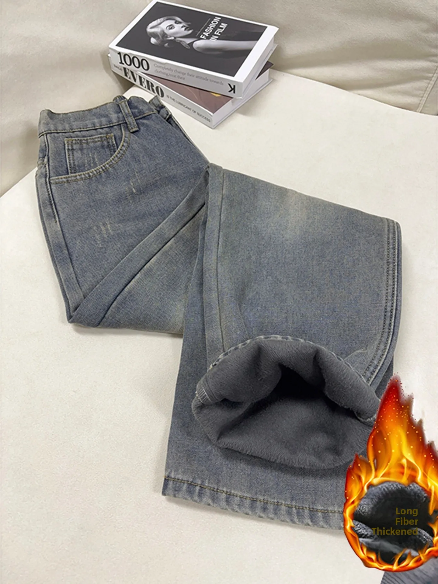 

Retro Blue Fce Lined Straight Leg Men's Jeans Thiened American High Street Cleanfit Slimming Bootcut Winter Wear