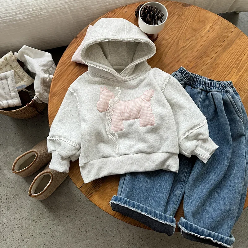 Girls Hoodie 2024 Winter New Childrens Clothes Korean Style Girl Baby Plus Fluffy Doll Puppy Lace Hoodie Casual Simple Daily