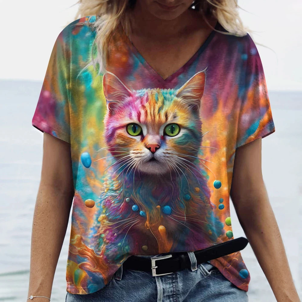 Summer women\'s clothing 3D color design kitten animal pattern print short sleeve V-neck top niche Korean women clothing T-shirt