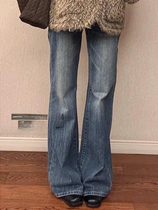 

American Retro Flared Jeans Women's Loose Fit Floor-Length Trousers Autumn Winter Low Waist Denim Pants Ladies Casual Wear