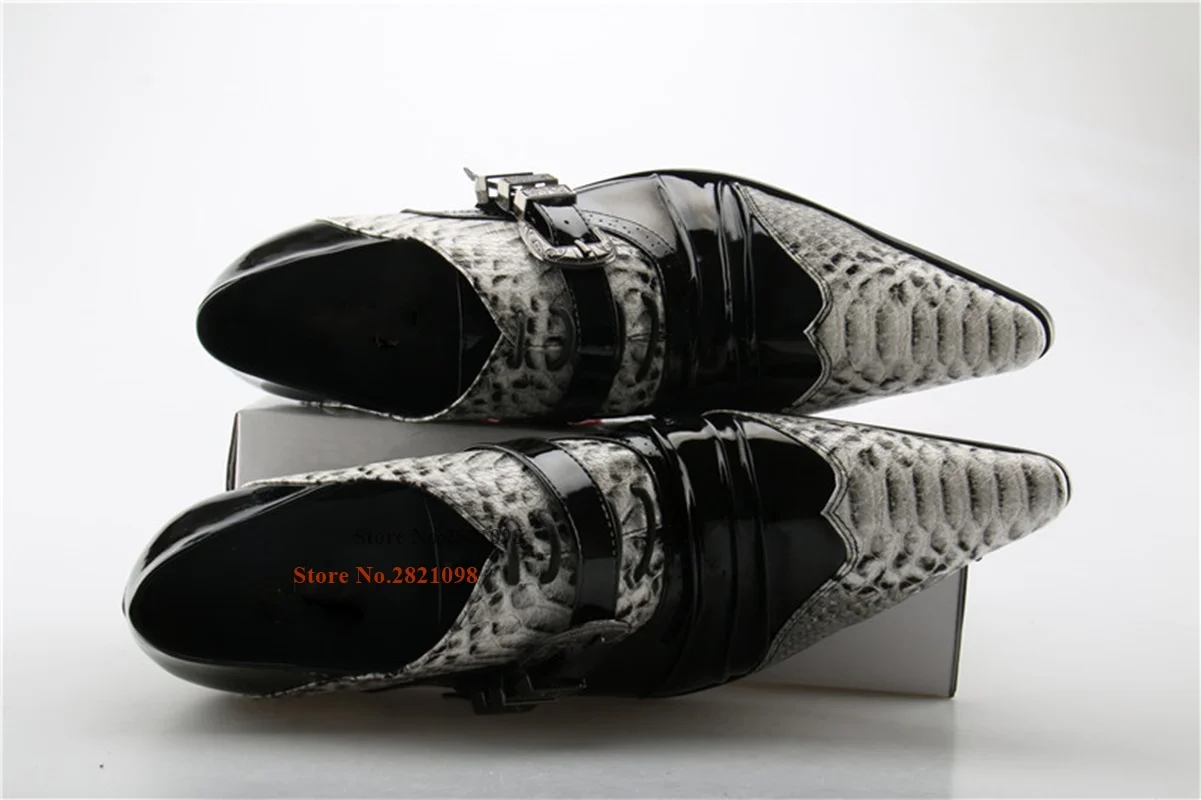 Striped Wrinkled Snakeskin Pattern Pointed Toe Printing Male Flats Men Business Dancing Dress Shoes Genuine Leather Shoes