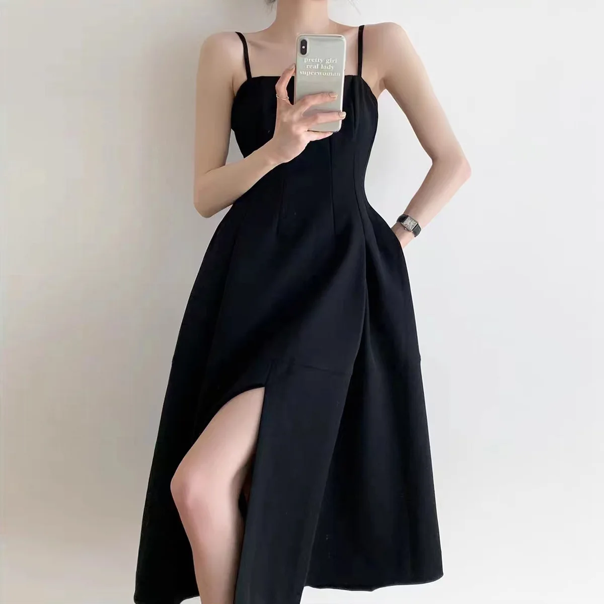 Robe Longue à Col Licou pour Femme, Tenue Française, Noire, Sexy, Taille Haute, Ouverte, Tempérament, ixd'Anniversaire, Club, Camisole, Nouvelle Collection Été