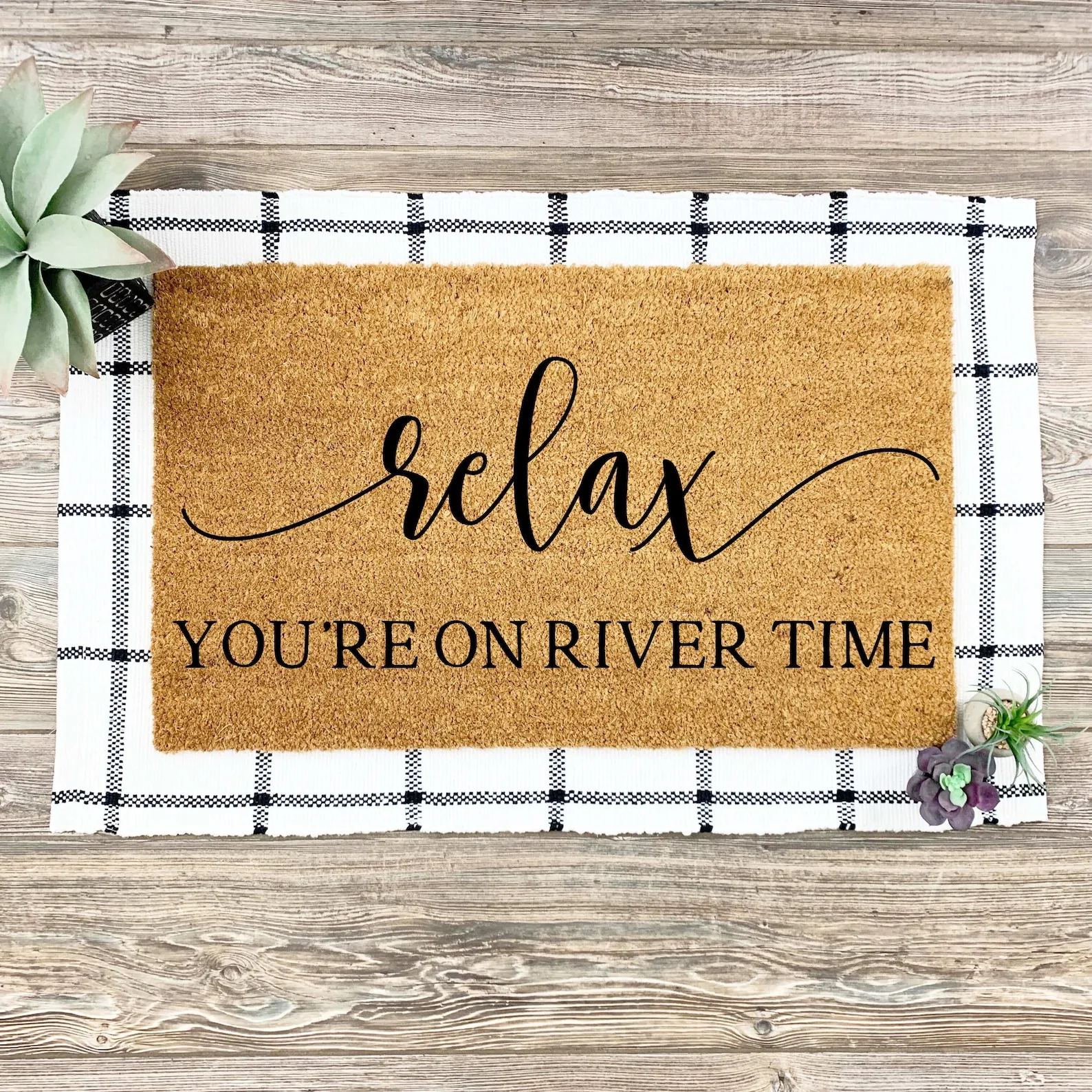 Custom Personalized Welcome Doormat Relax You're on River Time Doormat Life is Better at the River Doormat Design Home Decor