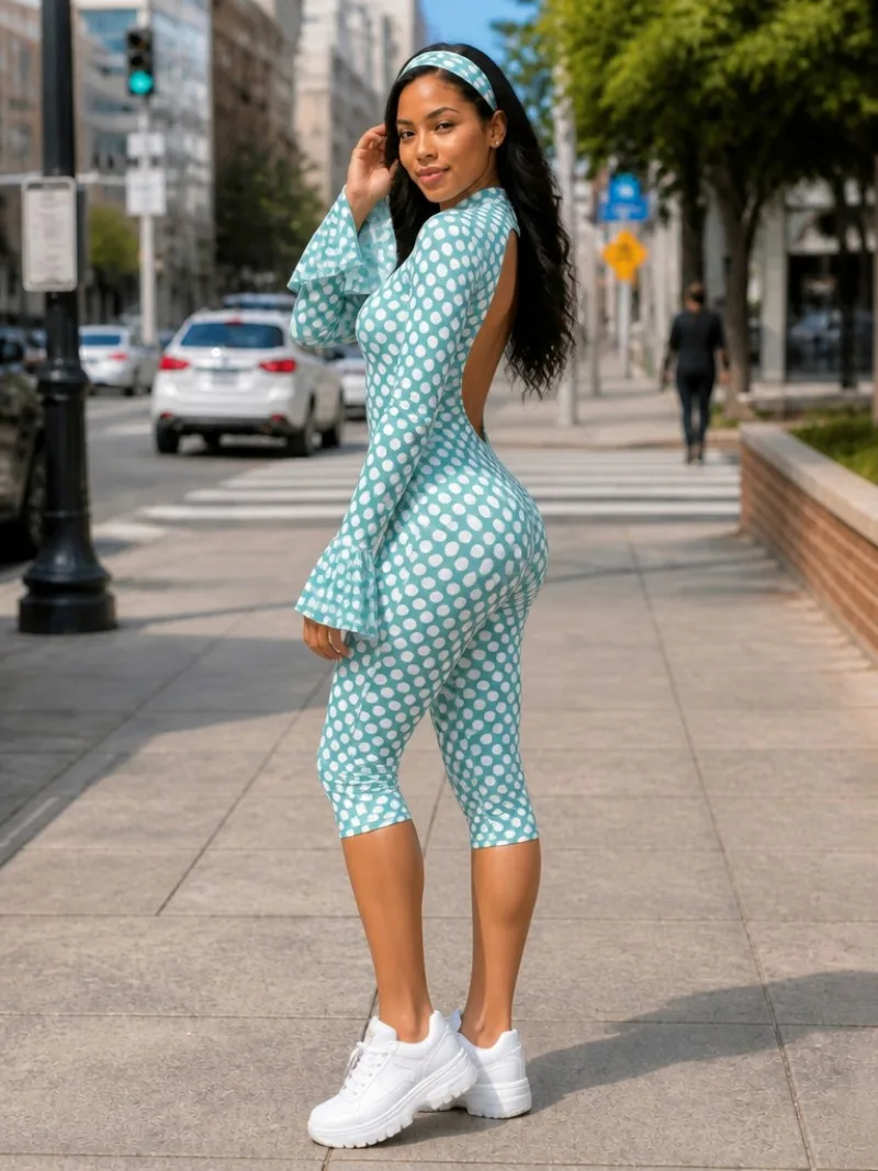 Polka Dots Print Skinny Calf Length Jumpsuits with Headband Women Trend Sexy Backless Flare Long Sleeve Booty Lifting Overalls