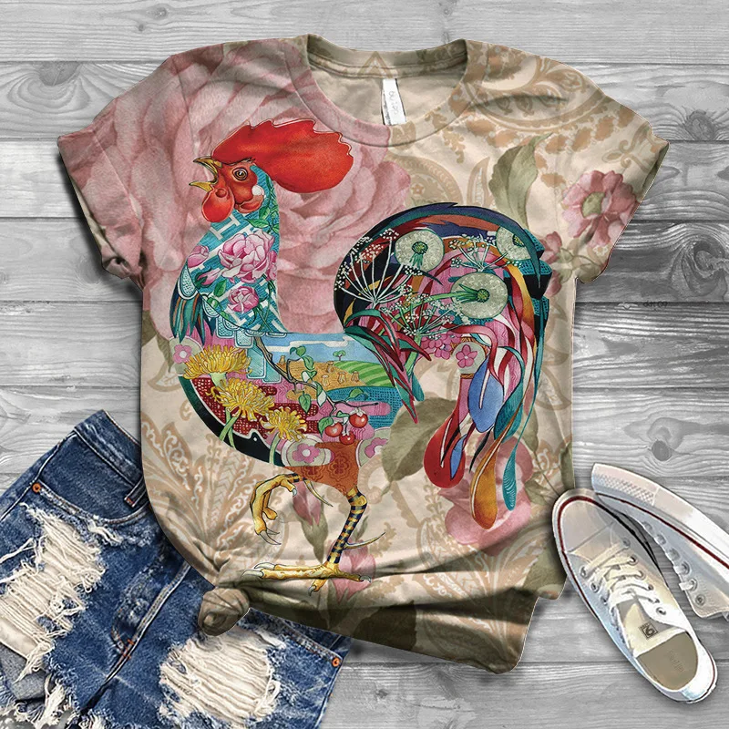 Funny Rooster Pattern 3D Print T-Shirts Women's Streetwear O-Neck Short Sleeves T Shirt Y2k Harajuku Tees Tops Female Clothing