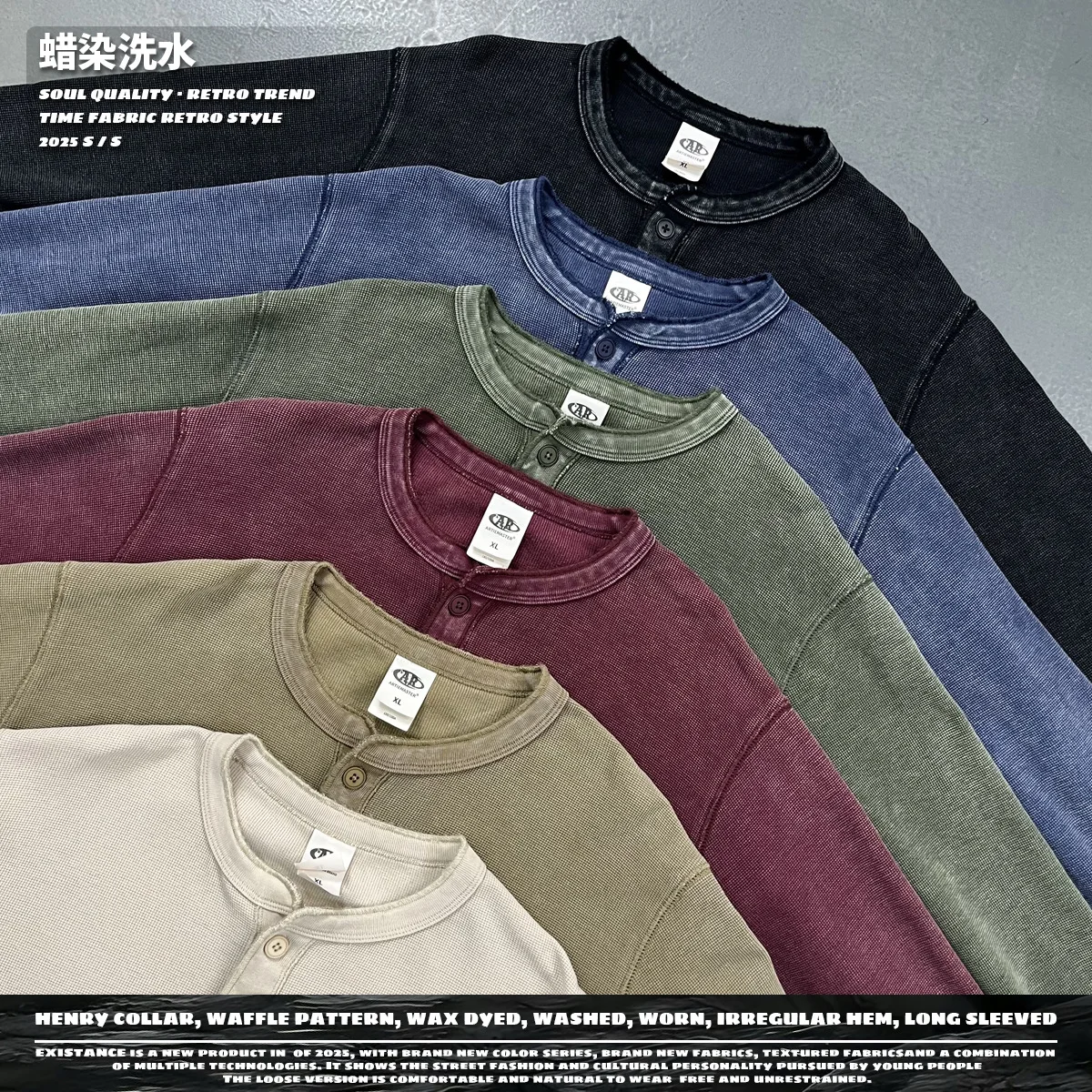 

Spring Man Collar Waffle T-Shirts Unisex High Street Washed Batik Long Sleeve T Shirt Tees