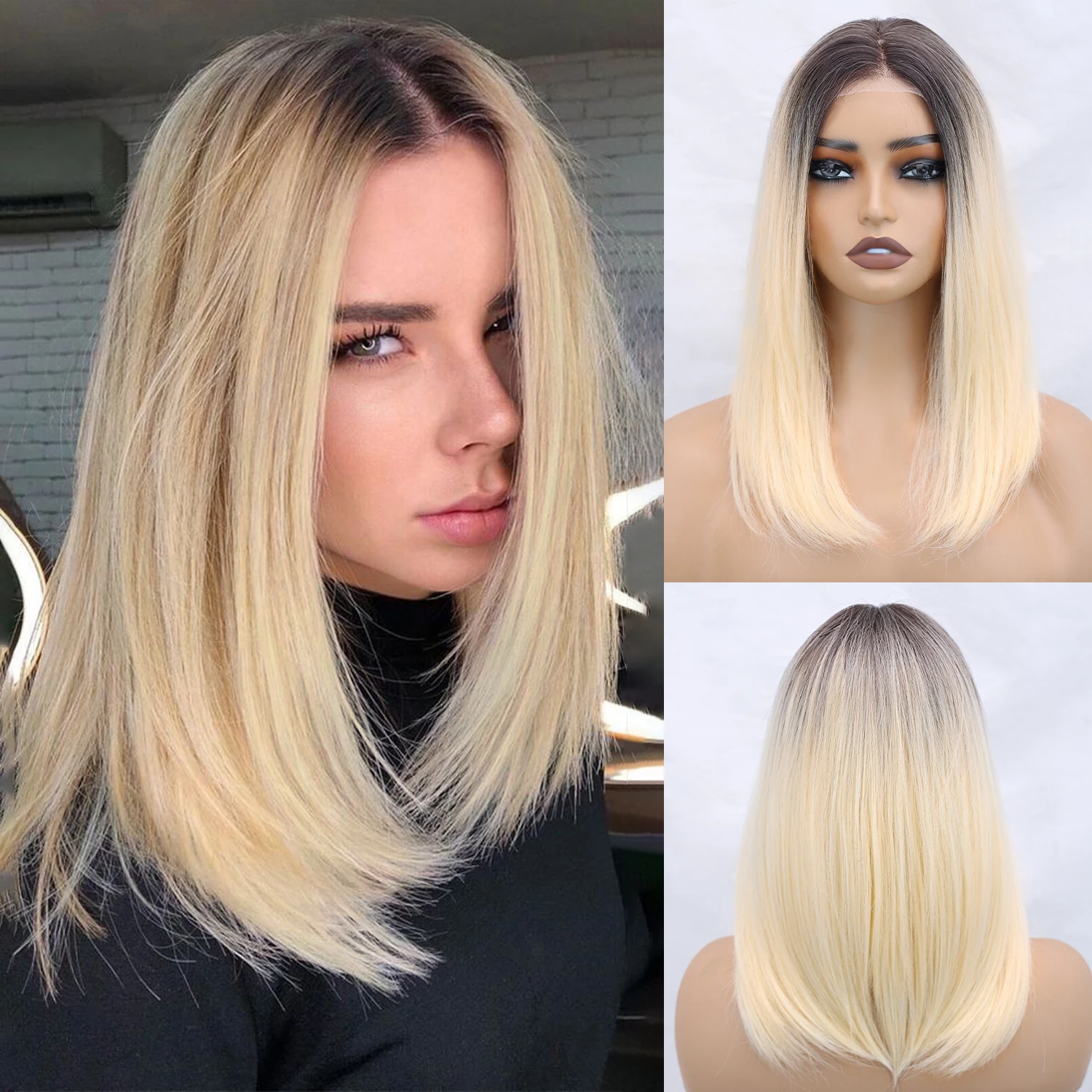 

Синтетический парик NAYOO Ombre Blonde с прямым краем и эффектом омбре, 16 дюймов, прямые многослойные волосы, 13x4 HD кружевной фронтальный парик без клея, парик-боб для женщин на каждый день и для вечеринок