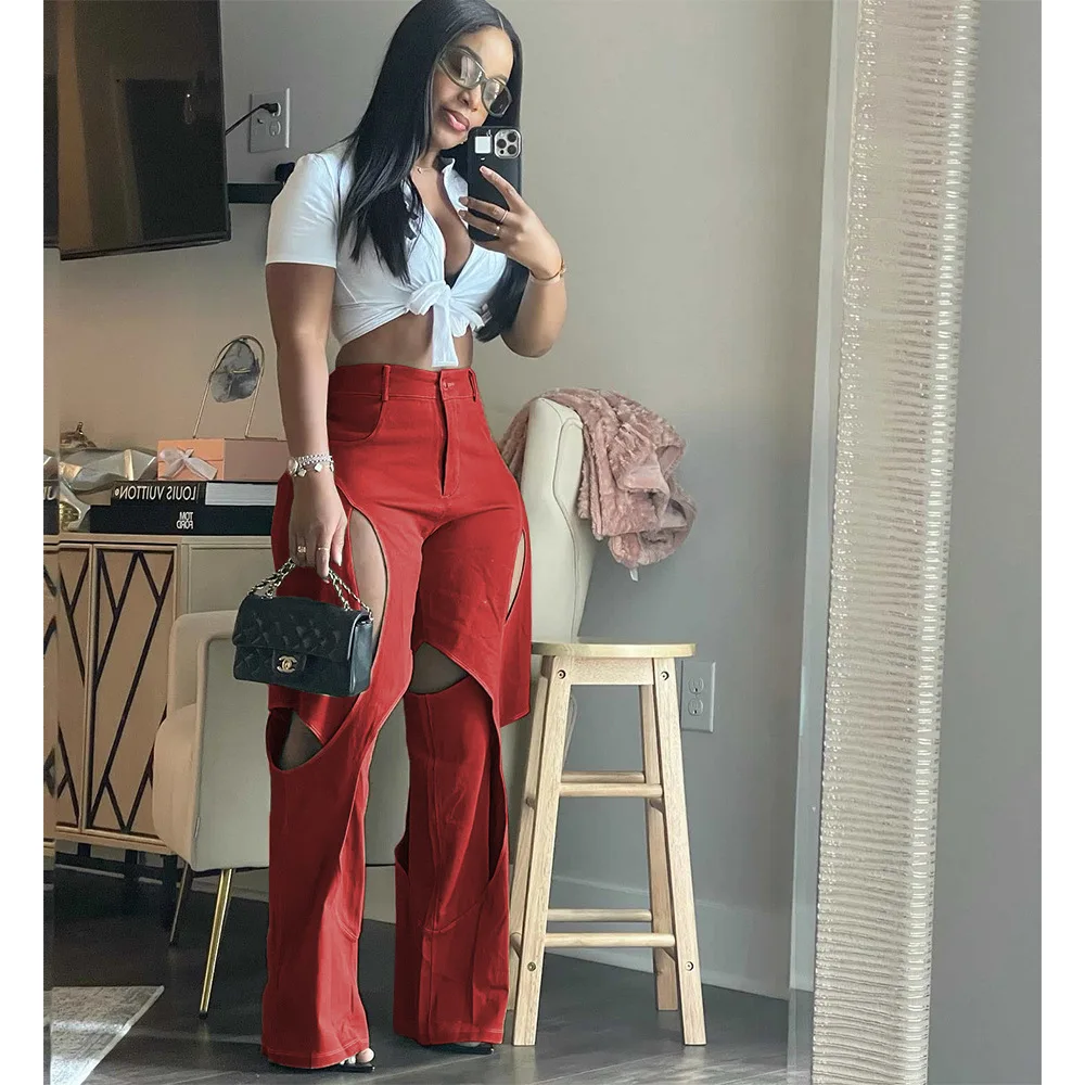 

Women Hollow Out Cotton Pants High Waist See Through Twist Together Wide Leg Loose Fit Cutout Trousers Y2k Clothes