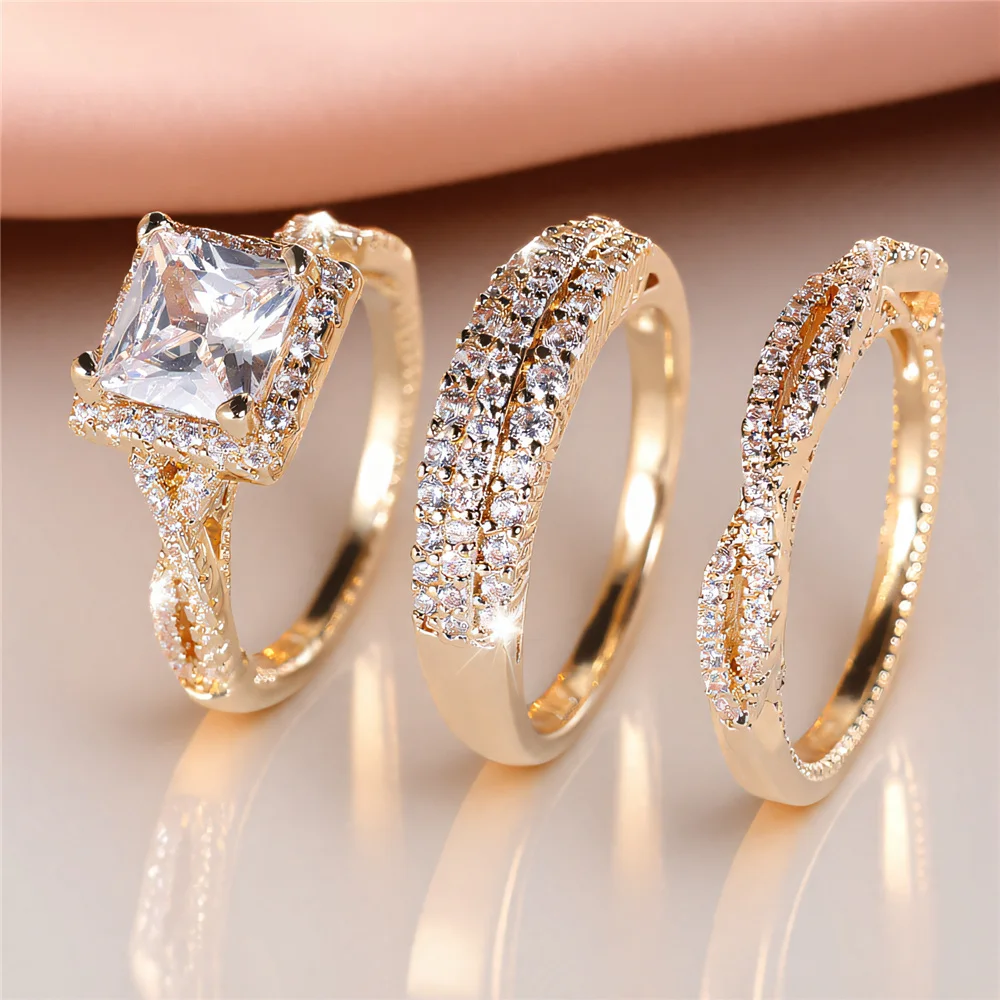 Kristall Weiblichen Weißen Zirkon Ring Set Mode Vintage Gold Farbe Braut Hochzeit Engagement Schmuck Für Frauen