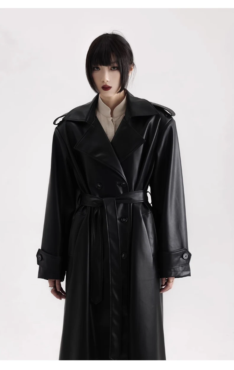 Lautaro Spring Autumn Extra Long Black Soft Pu Leather Trench Coat for Women Double Breasted Loose Casual Korean Fashion 2024