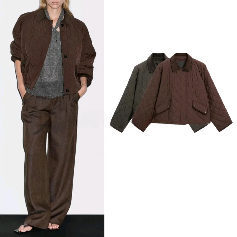 

Новая осенняя женская хлопковая куртка с легким фланелевым воротником и ромбовидным узором MD, повседневная женская верхняя одежда, пальто