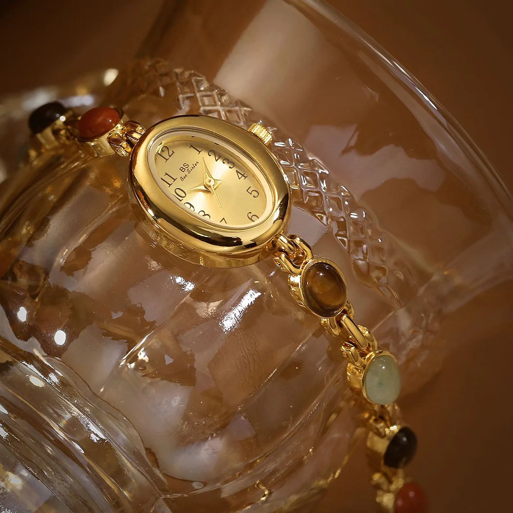 Orologi da donna vintage con quadrante piccolo ovale Bracciale multi tesoro in giada naturale Orologio al quarzo casual di lusso leggero per donna