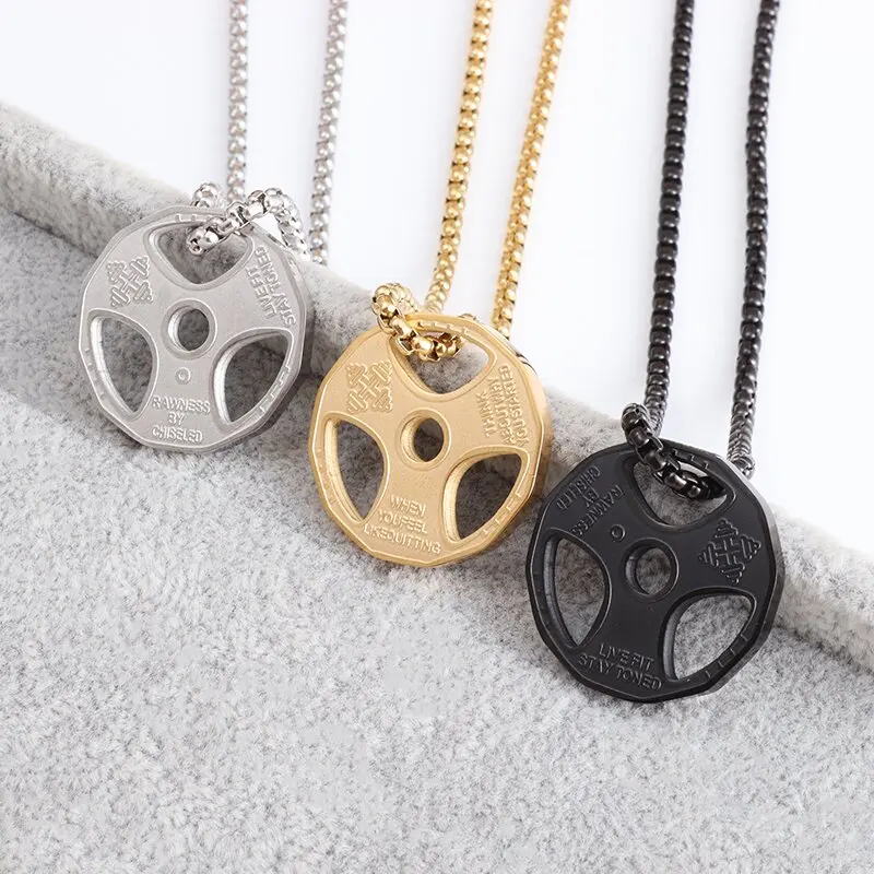 Stainless Steel Disc Dumbbell Pendant Barbell Necklace Suitable for Men's Personality Muscle Fitness Leisure Sports Accessories