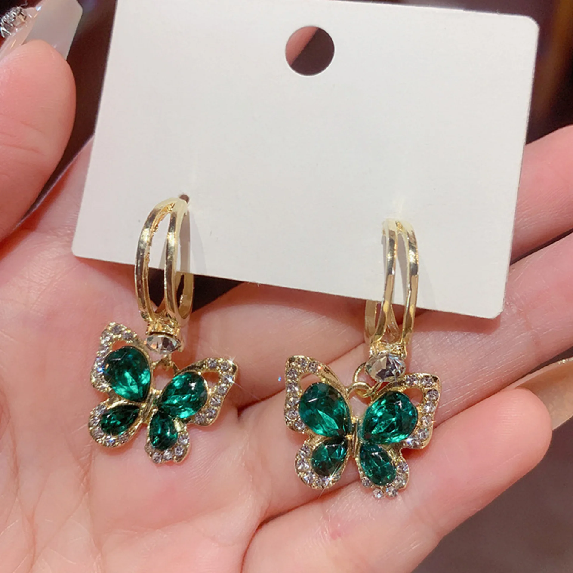 Trendy New Green Crystal Hanging Earrings Rhinestone Butteryfly Pendants Women\'s Drop Earrings Korean Fashion Wedding Jewelry