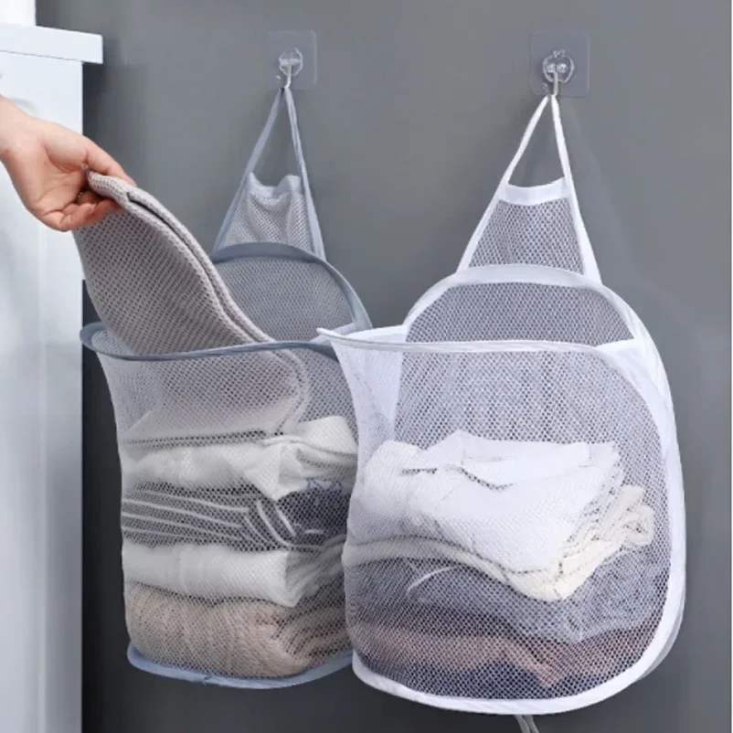 

New Wall Mounted Foldable Large Capacity Dirty Clothes Basket Laundry Hamper Cloth Nets Storage Organizer Bucket with Lanyard