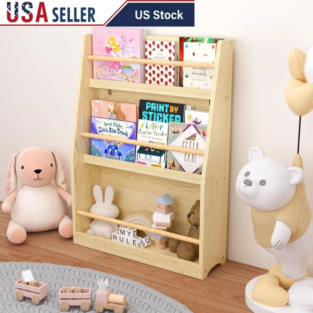 

Kids Bookshelf 3 Tier Wooden Book Rack Child Friendly Storage Organizer Playroom Bedroom Classroom Natural Finish
