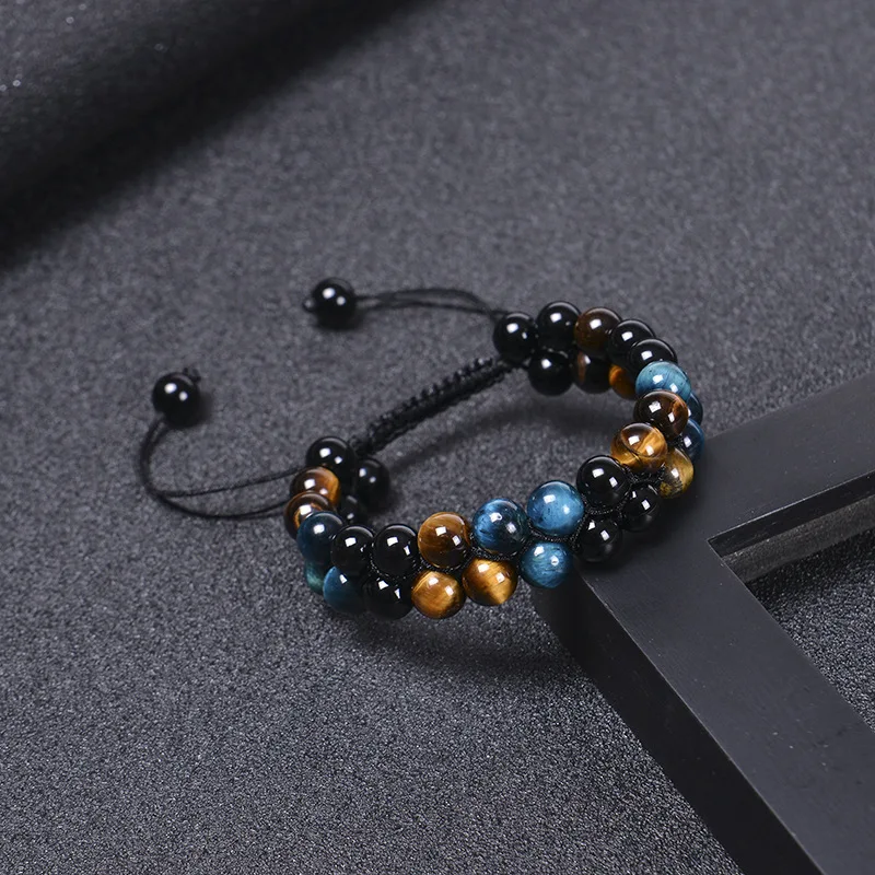 8MM Natural Tiger Eye Stone Adjustable Bracelet Double Layer Hand Woven Row Strand Beaded Bangles Couple Party Jewelry