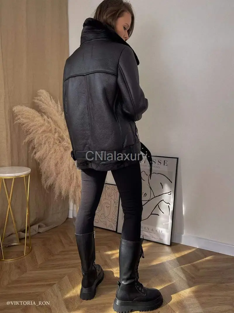 CNlalaxury Winter Women Thickness Faux Leather Fur Sheepskin Coat Female Vintage Lambswool Female Jacket Outwear Casaco Feminino