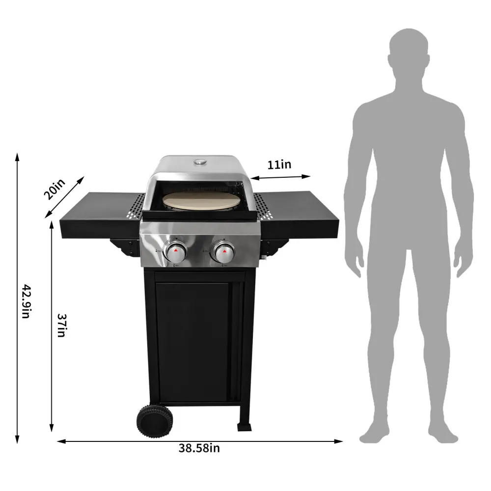 キャンプや共連れの屋外調理用の2バーナーガスグリルとピザオーブン。