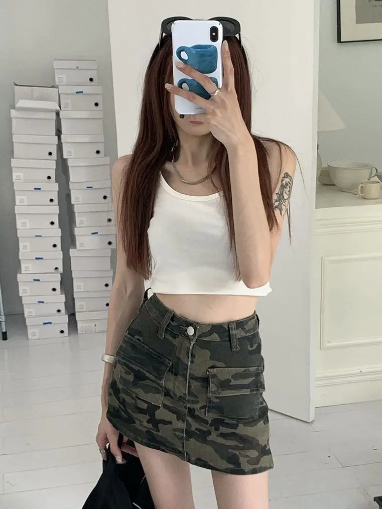 Retro A-line Camouflage Short Skirt 24 Summer New Women's High Waist Bodycon Denim Skirt