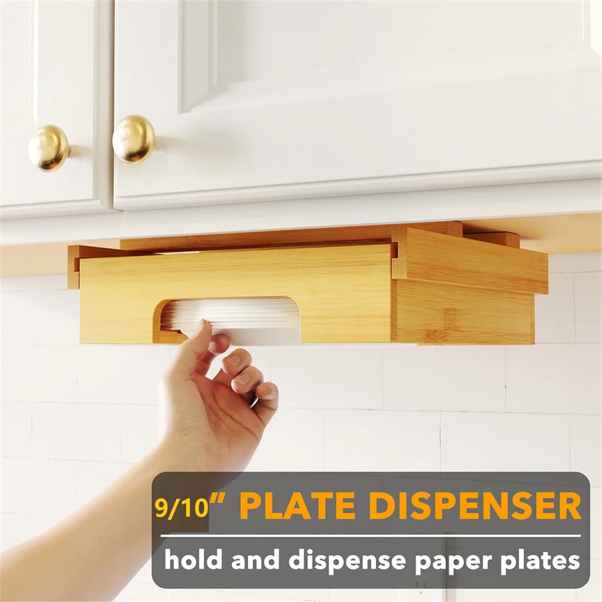 

AT13 9/10-Inch Bamboo Paper Plate Dispenser - Under Cabinet & Countertop Holder for Kitchen Caddys for Plates Universal C