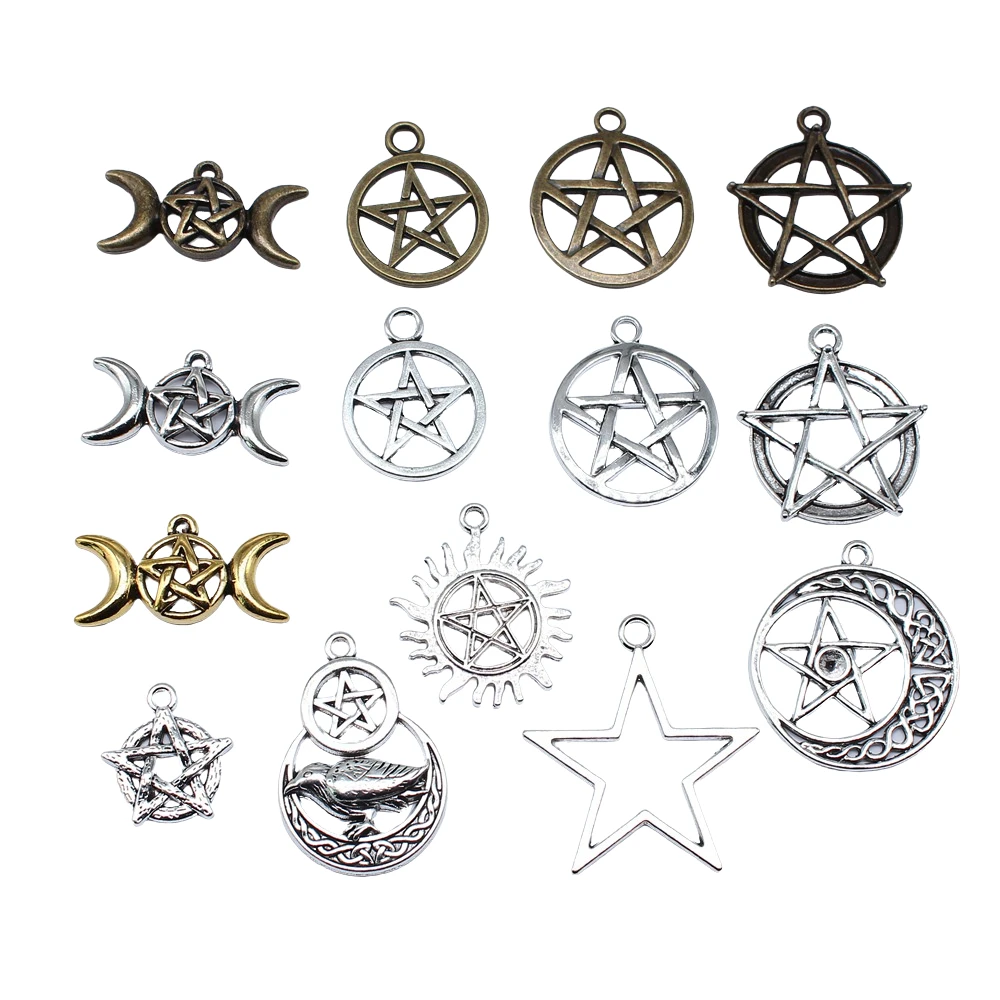 10pcs Charms Witch Star Pentagram Tibetan Bronze Silver Color Pendants Antique Jewelry Making DIY Handmade Craft Pendant