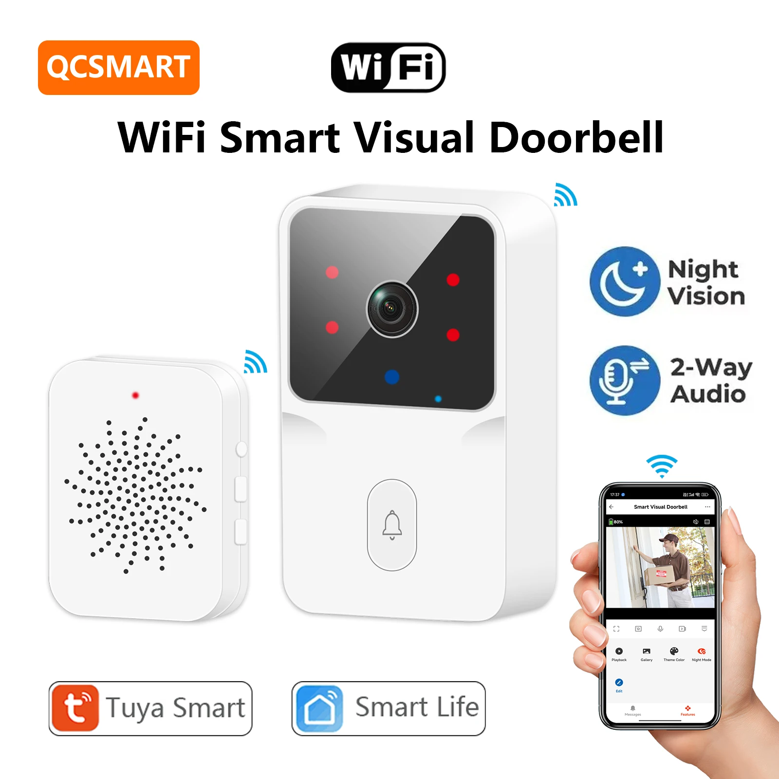 QCSMART Tuya Smart Life WiFi Video Doorbell Camera 2.4Ghz Remote Real-time Conversation Outdoor Security System