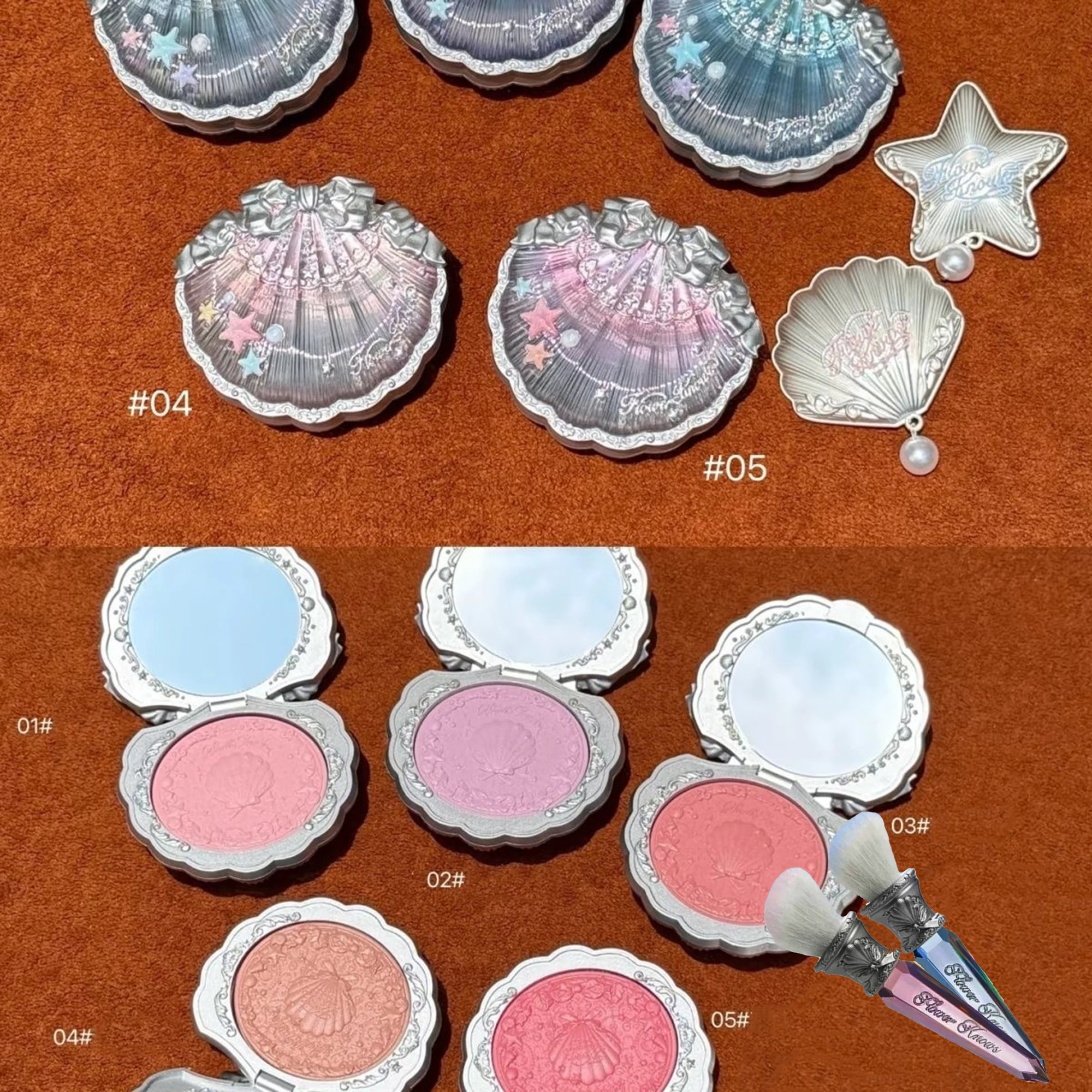 Flower Knows Makeup Blushes Brush Set Shell's Jewel Collection Silk Satin Long Lasting Blush Powder,Vegan Brushes Hairpin Set