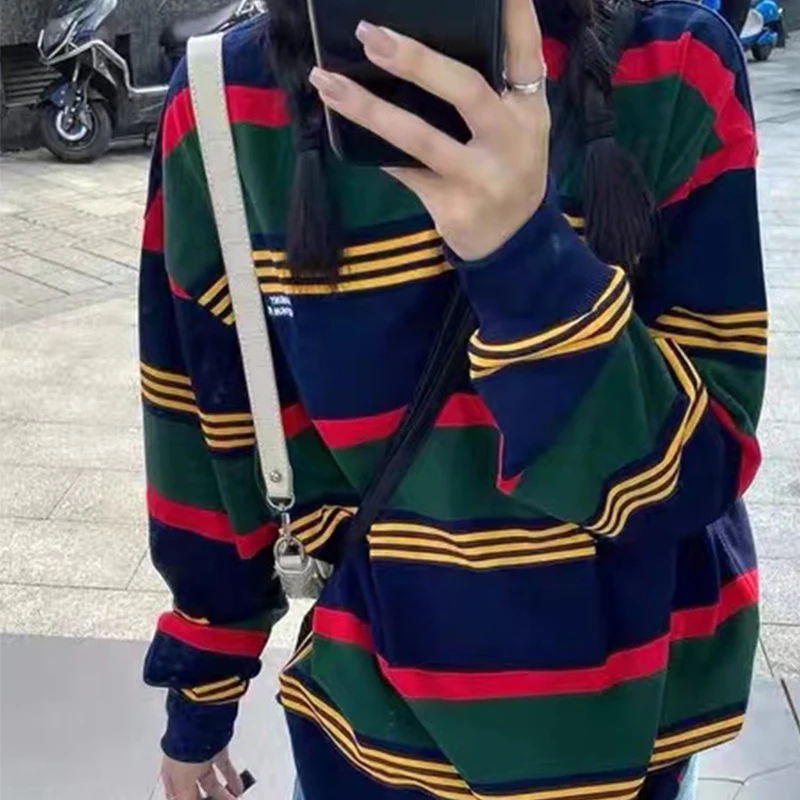 Striped Sweatshirt Women Spring Autumn Long Sleeve Oversized Casual Hoodie Vintage Harajuku Streetwear T Shirt Preppy Style Tops