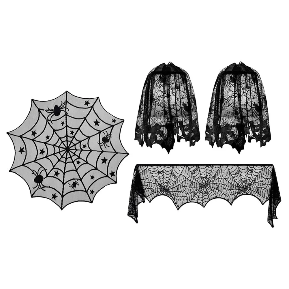 4 قطعة هالوين الدانتيل شبكة العنكبوت الموقد القماش مفرش المائدة الأسود هالوين الديكور مسكون حفلة الدانتيل شبكة العنكبوت القماش