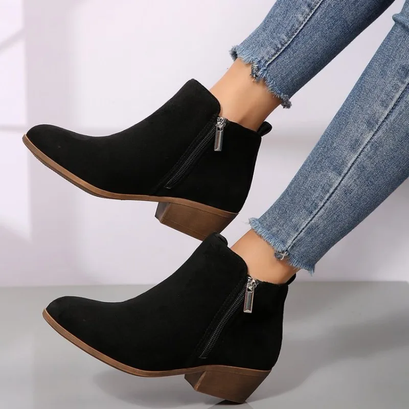 

2026 Spring Women Ankle Boots Square Mid Heel Zip Shoes Woman Pointed Toe Shoes Female Classic Blue Autumn Boots Plus Size