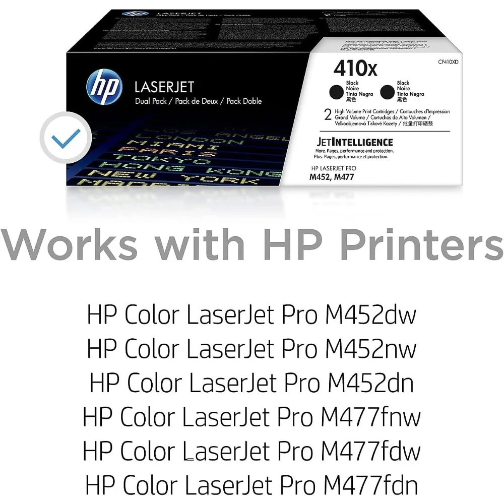 خراطيش الحبر الأسود عالية السعة ، 410X ، تعمل مع سلسلة LaserJet Pro M452 الملونة ، LaserJet Pro MFP M377 ، عبوة 2