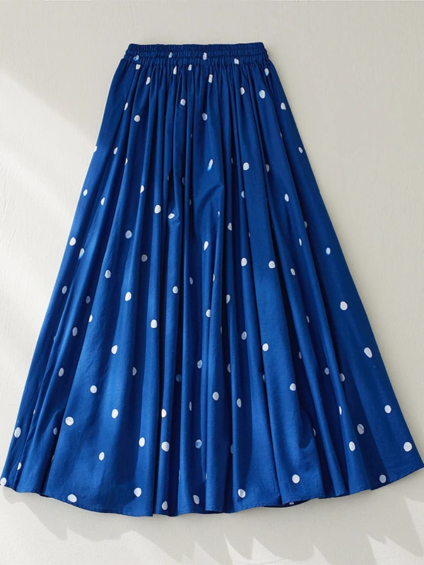 Retro azul bolinhas cintura alta leve saia feminina a linha midi dr dstring elástico emagrecimento solto verão faion