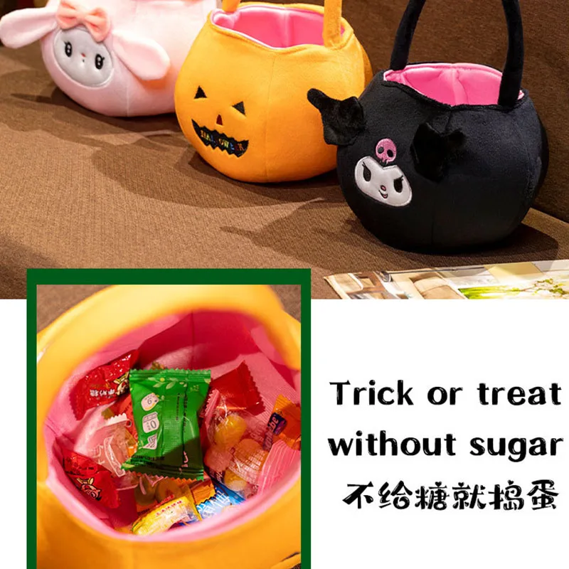 Sanrio Kuromi bolsa de almacenamiento de dulces, cesta de dulces de calabaza de Halloween, bolsa de mano, adorno de foto de fiesta, decoración, regalos de vacaciones