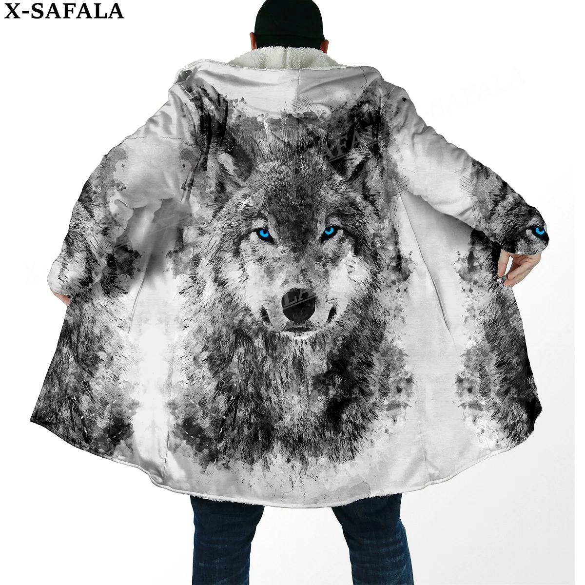 Native Wolf Spirit Totems Arts Thick Warm Hooded Cloak Men Overcoat Coat Windproof Fleece Cape Robe Hooded Blanket-12