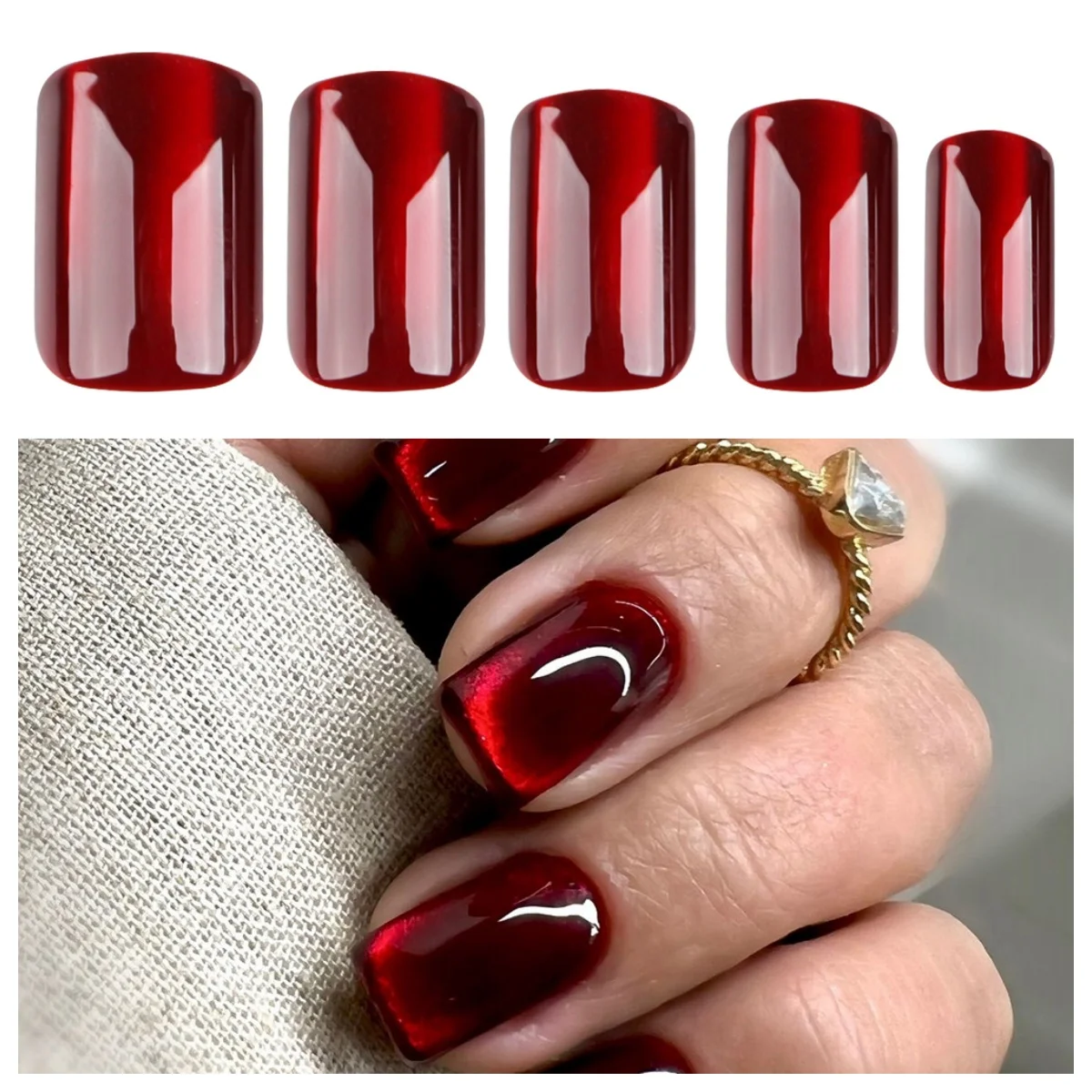 เล็บปลอมทรงสี่เหลี่ยมสั้นสำหรับผู้หญิง สีแดงเลือด ลายตาแมว เล็บปลอมสไตล์ยุโรป