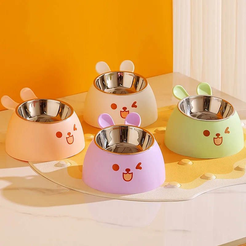 Dog Food Bowl Cute Cat Bowls Neck Protector Dogs Bowls Stainless Steel Single Bowl for Dogs Feeding Basin Non-slip Pet Feeders