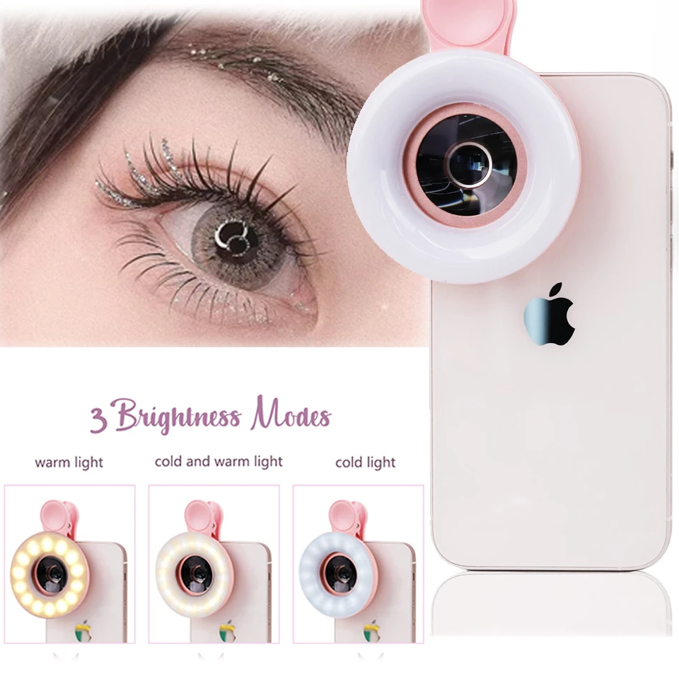 

HD Macro Lens for Mobile Fill Ring Light Selfie Live Lamp Camera Lens with LED Universal Flash Smartphone Portable Light Clip