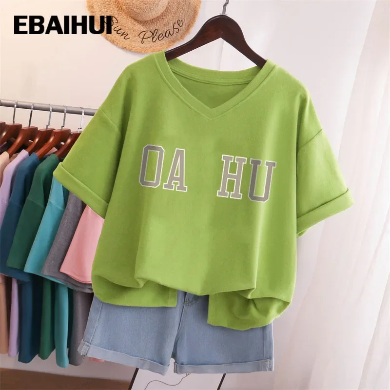 EBAIHUI100 % algodón L-5XL, camiseta de talla grande con letras estampadas, camiseta de manga corta para mujer, camisetas de gran tamaño con cuello en V para pareja de verano