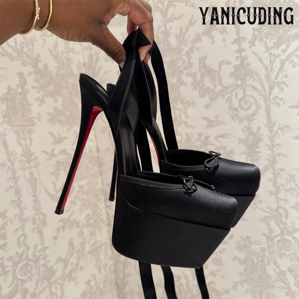 

Silk Platform Ballerina Pumps Square Toe Bow Lace up Strappy Heels Novelty Designer Style Handmade Stilettos Women Banquet Heels
