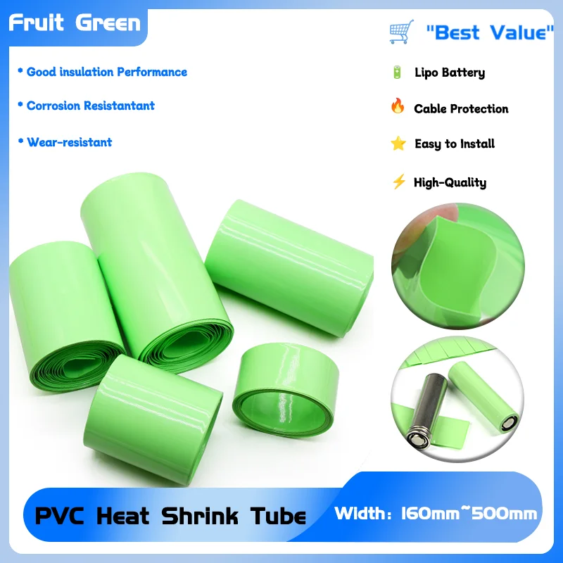 

PVC Heat Shrink Tube 18650 Lipo Battery Cable Sleeve Lithium Insulated Film Wrap Case Protection 2~20M 160mm~500mm Fruit Green