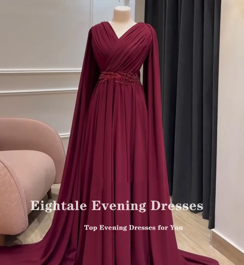 Eightale Arabische Abendkleider für Hochzeit, Party, Chiffon, V-Ausschnitt, Perlen, individuell gestaltete Flügelärmel, Burgunderrot, A-Linie, Abschlussball-Party-Kleider